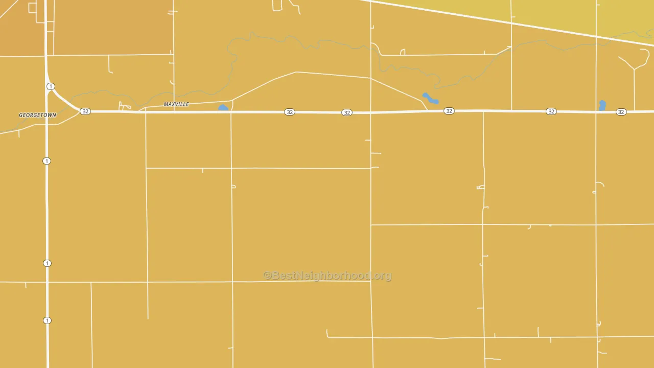 Map of the best neighborhoods in the Maxville area, with better matches in green and worse matches in red