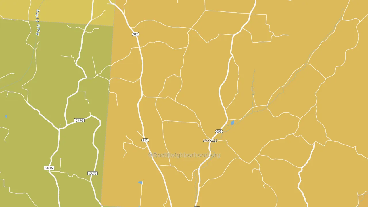 Map of the best neighborhoods in the Maxville area, with better matches in green and worse matches in red