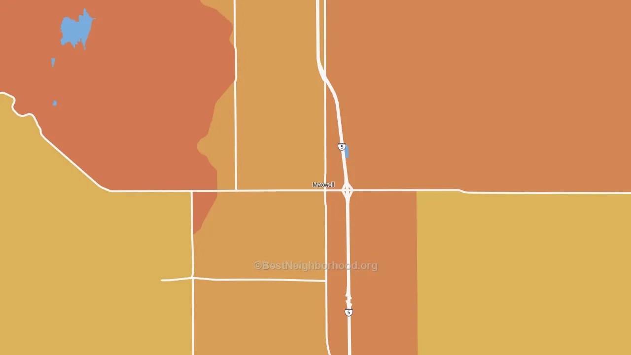 Map of the best neighborhoods in the Maxwell area, with better matches in green and worse matches in red