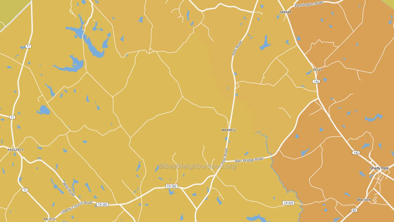 Map of the best neighborhoods in the Maxwell area, with better matches in green and worse matches in red