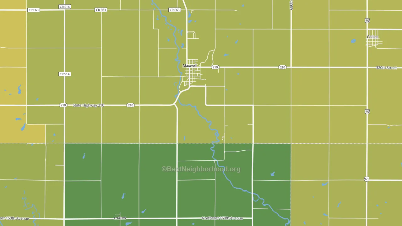 Map of the best neighborhoods in the Maxwell area, with better matches in green and worse matches in red