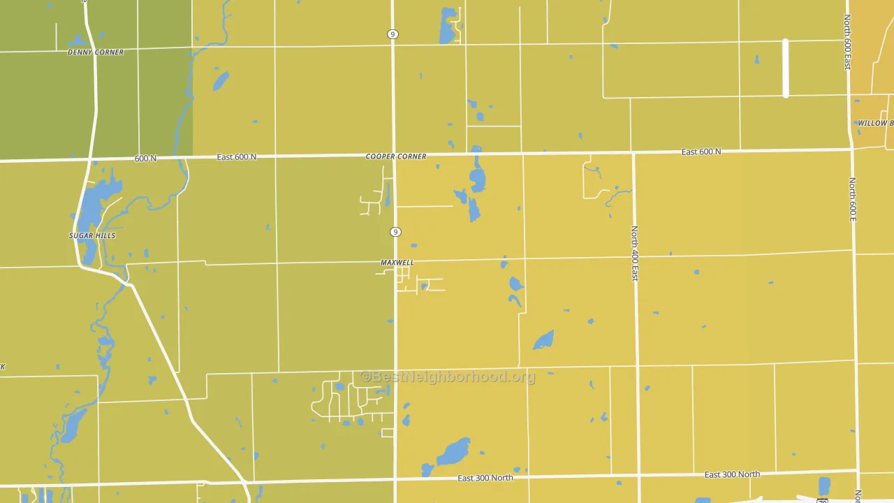 Map of the best neighborhoods in the Maxwell area, with better matches in green and worse matches in red