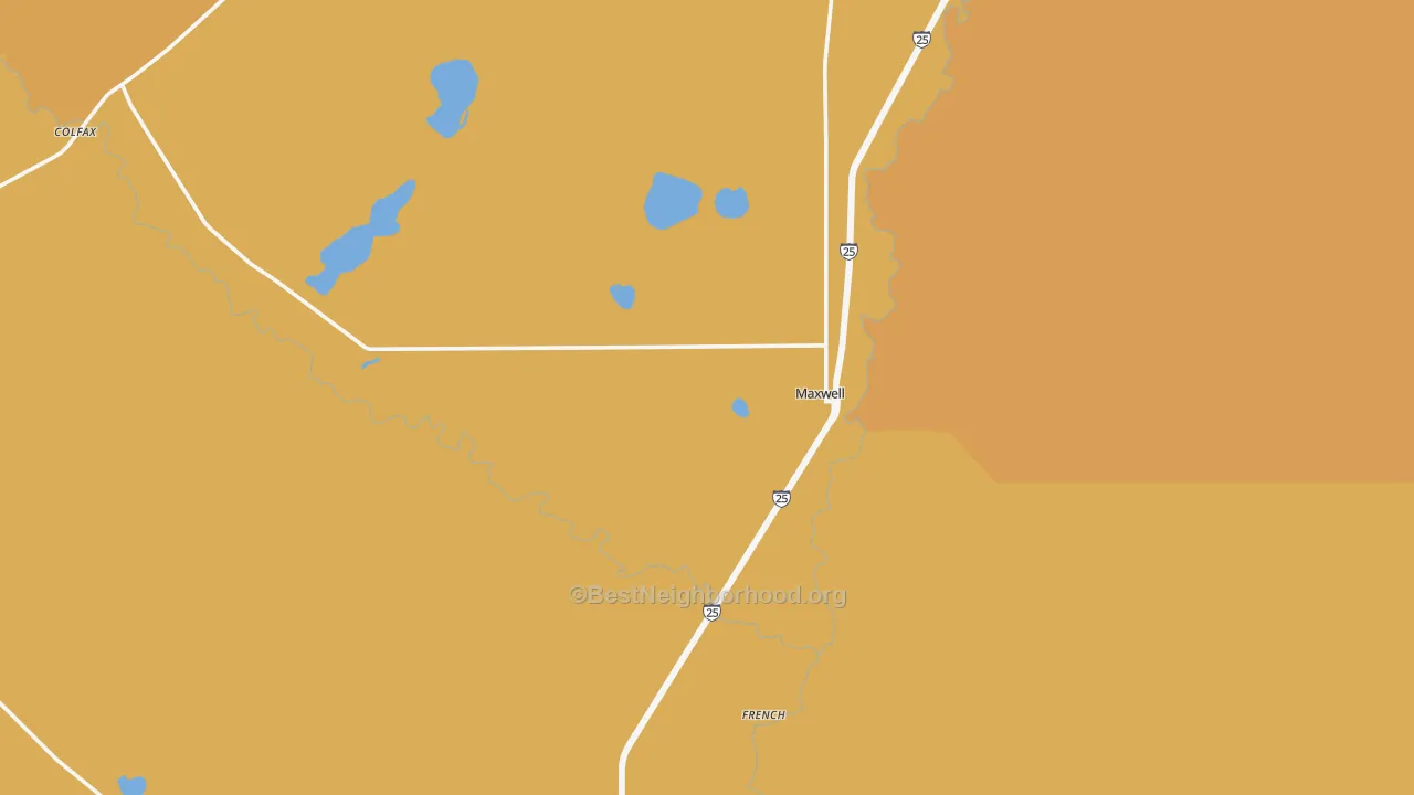 Map of the best neighborhoods in the Maxwell area, with better matches in green and worse matches in red