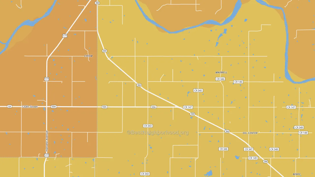 Map of the best neighborhoods in the Maxwell area, with better matches in green and worse matches in red