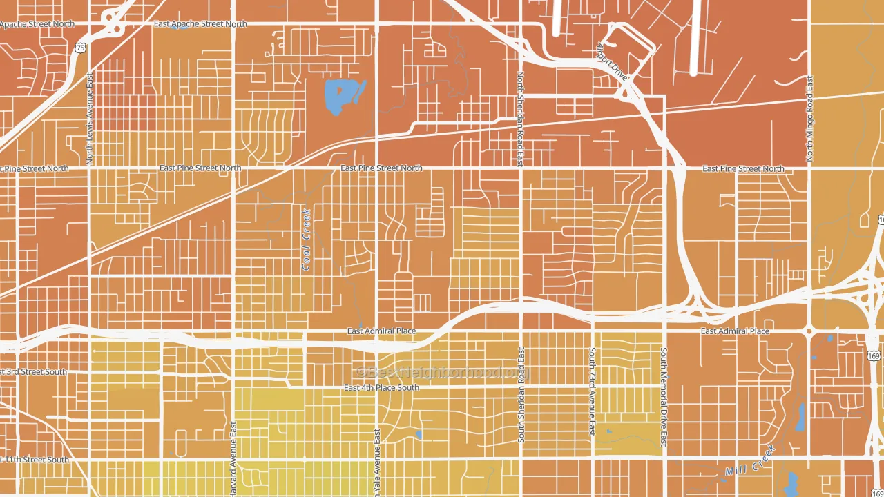 Map of the best neighborhoods in the Maxwell, Tulsa area, with better matches in green and worse matches in red