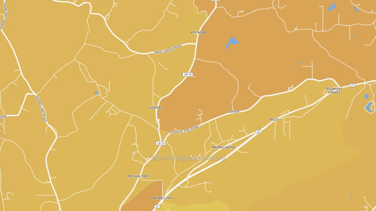 Map of the best neighborhoods in the Maxwellborn area, with better matches in green and worse matches in red