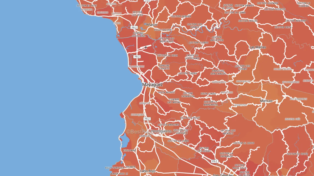 Map of the best neighborhoods in the Mayaguez Municipio area, with better matches in green and worse matches in red