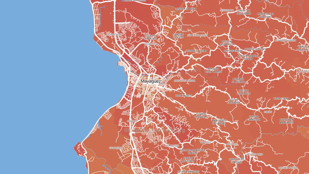 Map of the best neighborhoods in the Mayaguez area, with better matches in green and worse matches in red