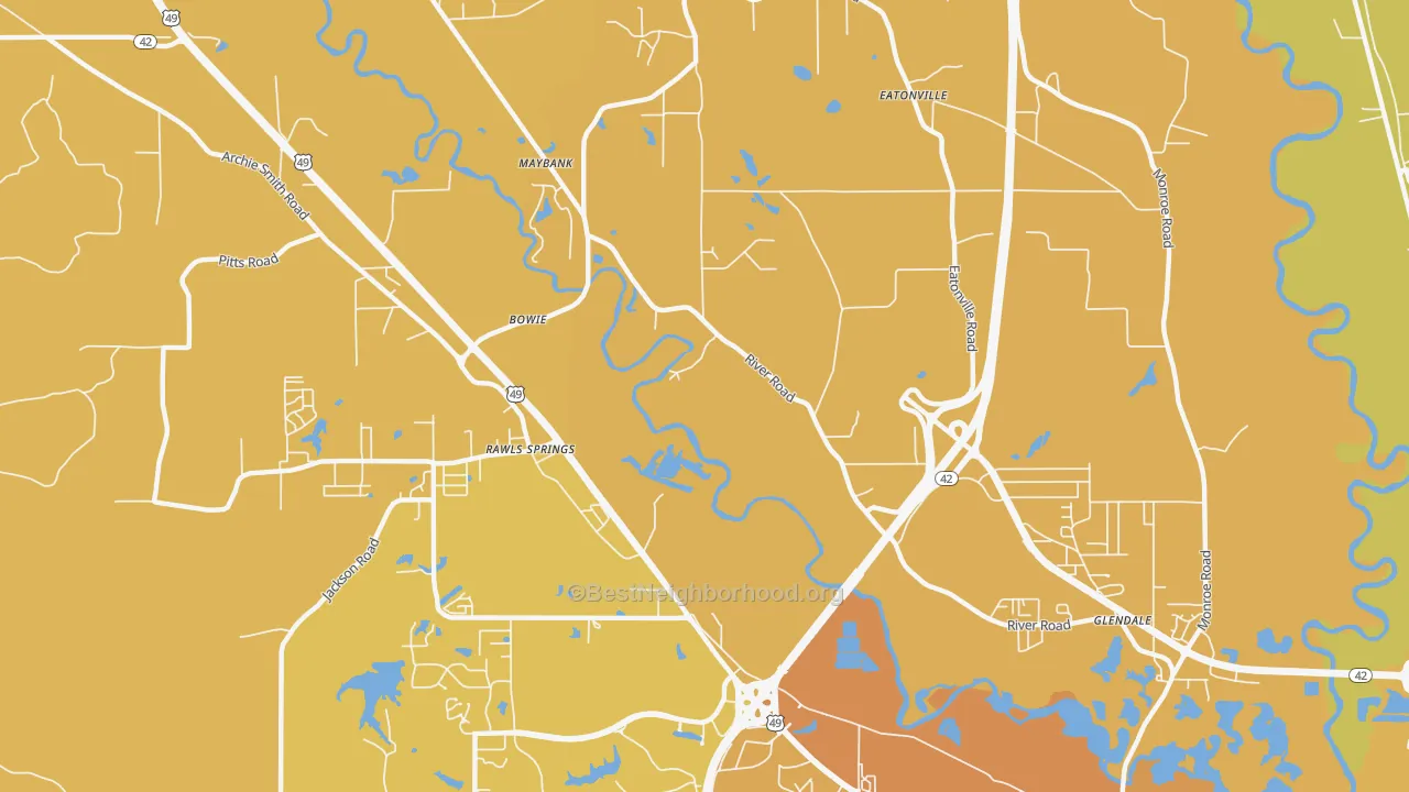 Map of the best neighborhoods in the Maybank area, with better matches in green and worse matches in red