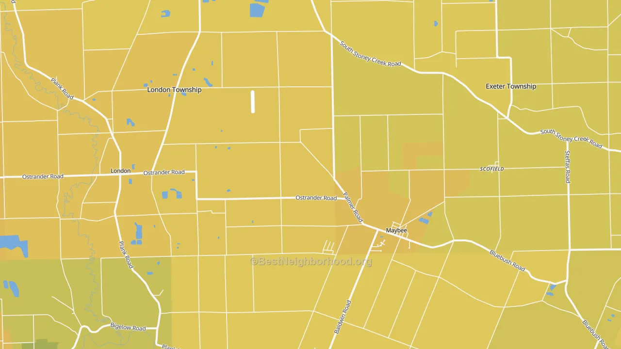 Map of the best neighborhoods in the Maybee area, with better matches in green and worse matches in red