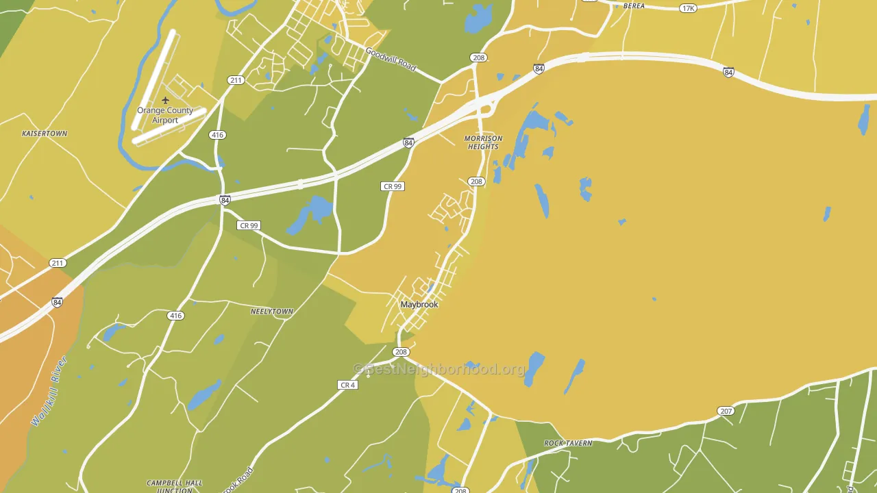 Map of the best neighborhoods in the Maybrook area, with better matches in green and worse matches in red