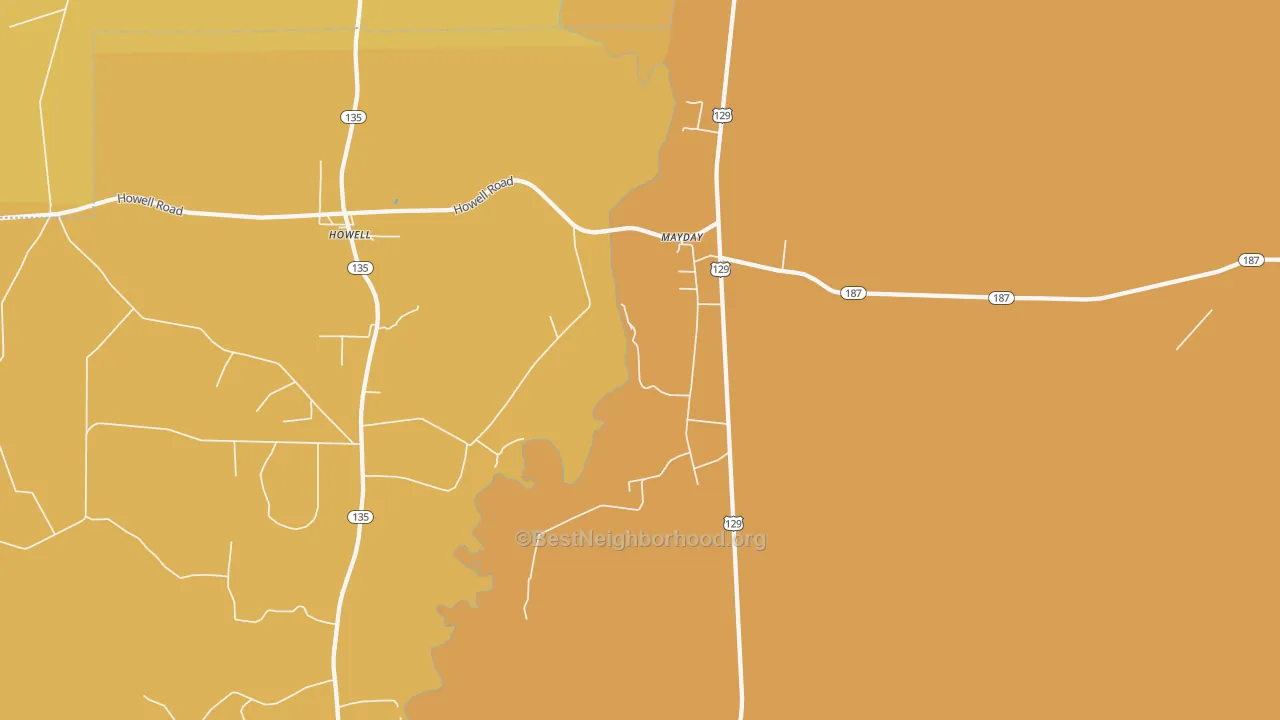 Map of the best neighborhoods in the Mayday area, with better matches in green and worse matches in red