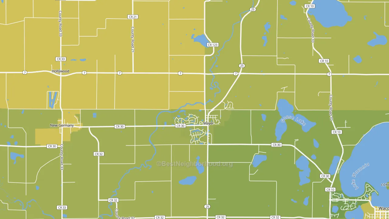 Map of the best neighborhoods in the Mayer area, with better matches in green and worse matches in red