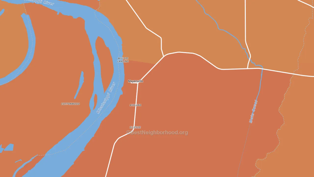 Map of the best neighborhoods in the Mayersville area, with better matches in green and worse matches in red