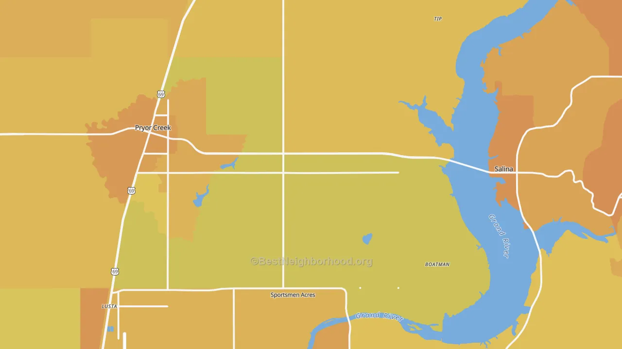 Map of the best neighborhoods in the Mayes County area, with better matches in green and worse matches in red