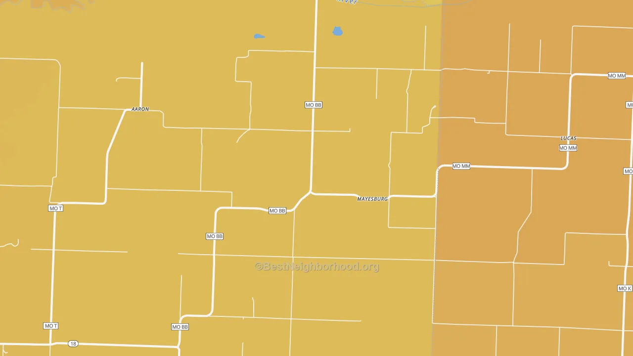 Map of the best neighborhoods in the Mayesburg area, with better matches in green and worse matches in red