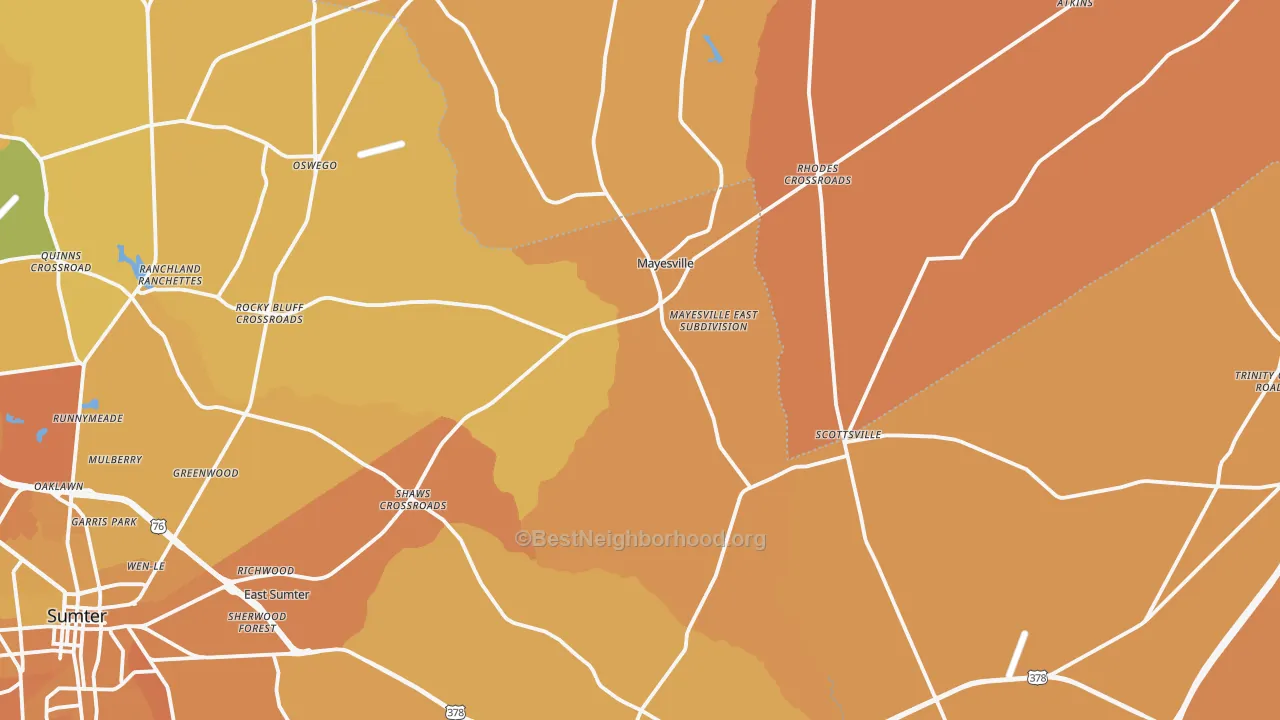 Map of the best neighborhoods in the Mayesville area, with better matches in green and worse matches in red