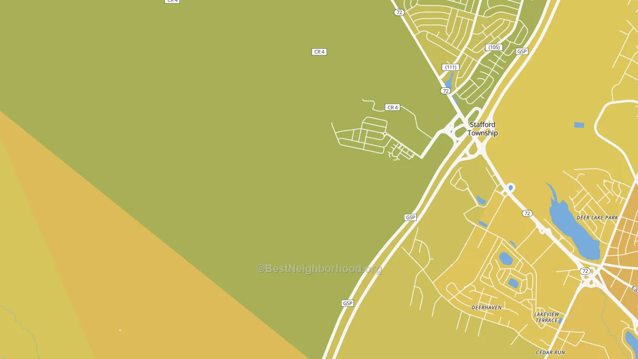 Map of the best neighborhoods in the Mayetta area, with better matches in green and worse matches in red