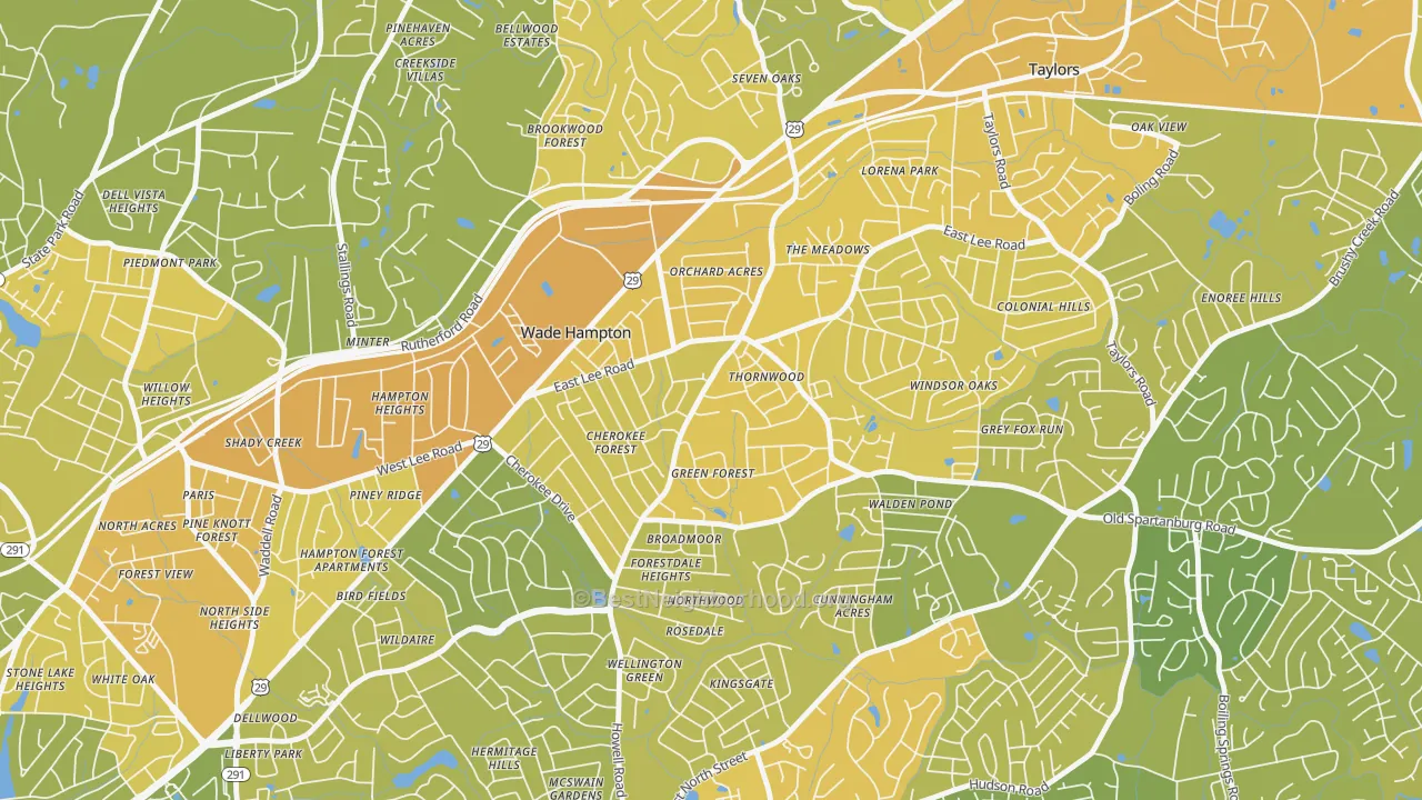Map of the best neighborhoods in the Mayfair Estates, Taylors area, with better matches in green and worse matches in red