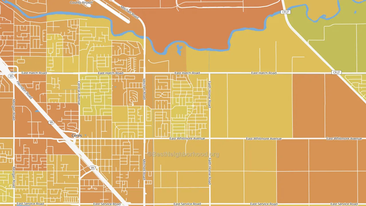 Map of the best neighborhoods in the Mayfield, Ceres area, with better matches in green and worse matches in red