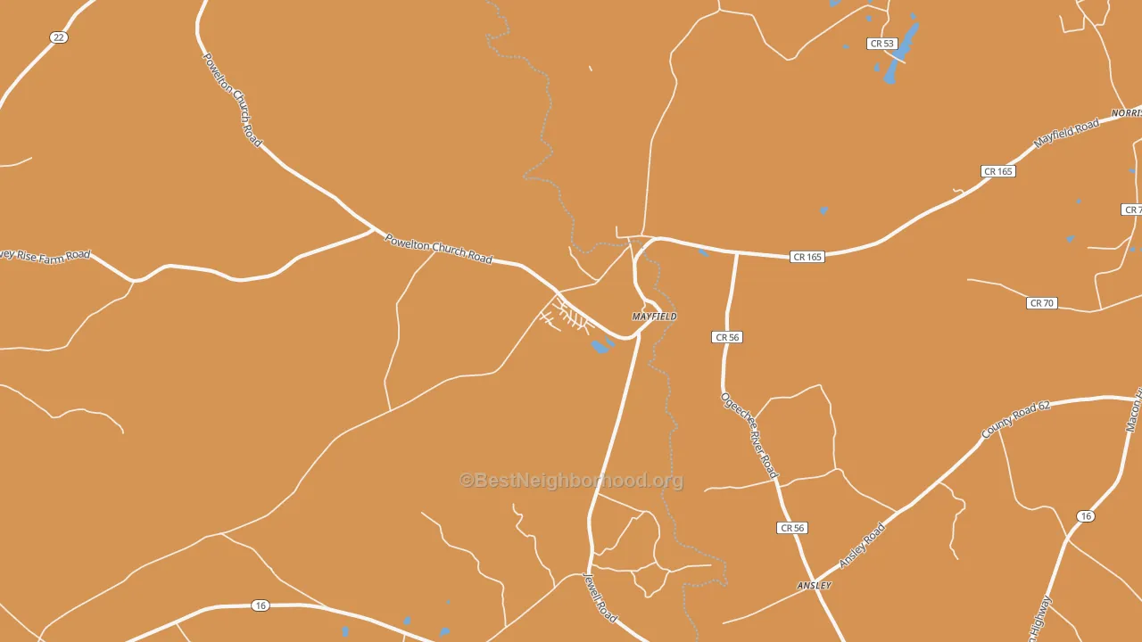 Map of the best neighborhoods in the Mayfield area, with better matches in green and worse matches in red