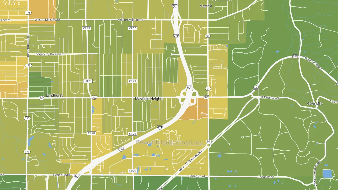 Map of the best neighborhoods in the Mayfield Heights area, with better matches in green and worse matches in red