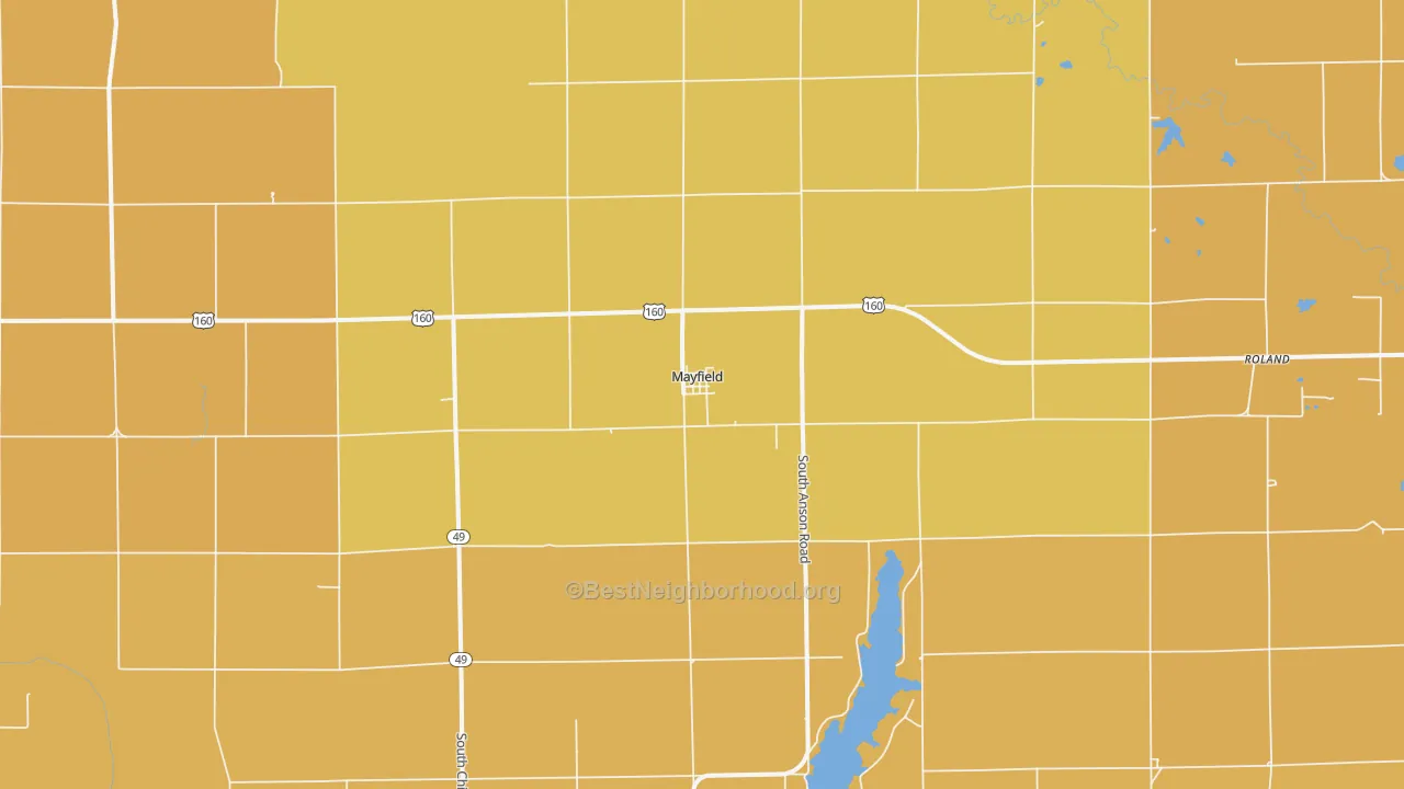 Map of the best neighborhoods in the Mayfield area, with better matches in green and worse matches in red
