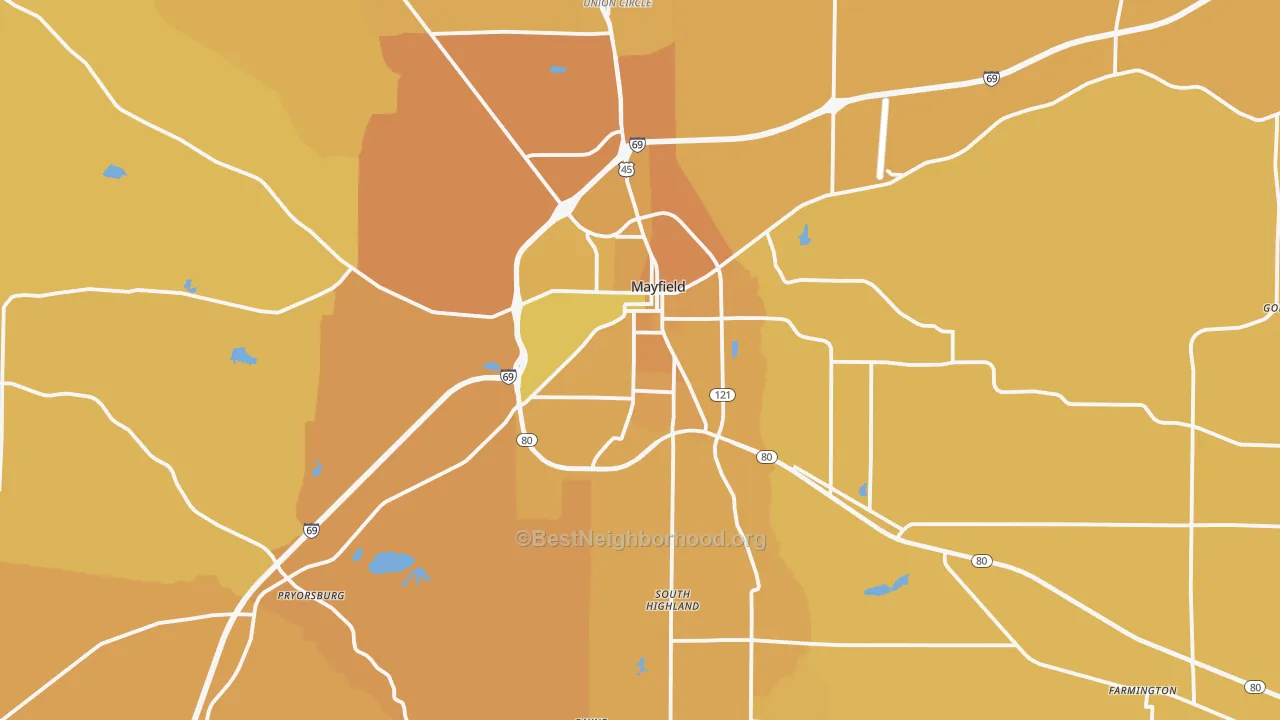 Map of the best neighborhoods in the Mayfield area, with better matches in green and worse matches in red