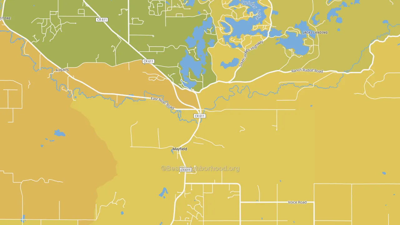 Map of the best neighborhoods in the Mayfield area, with better matches in green and worse matches in red