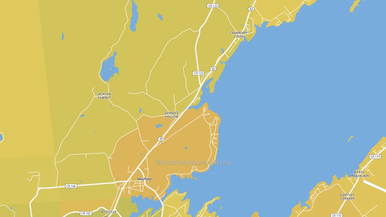Map of the best neighborhoods in the Mayfield area, with better matches in green and worse matches in red