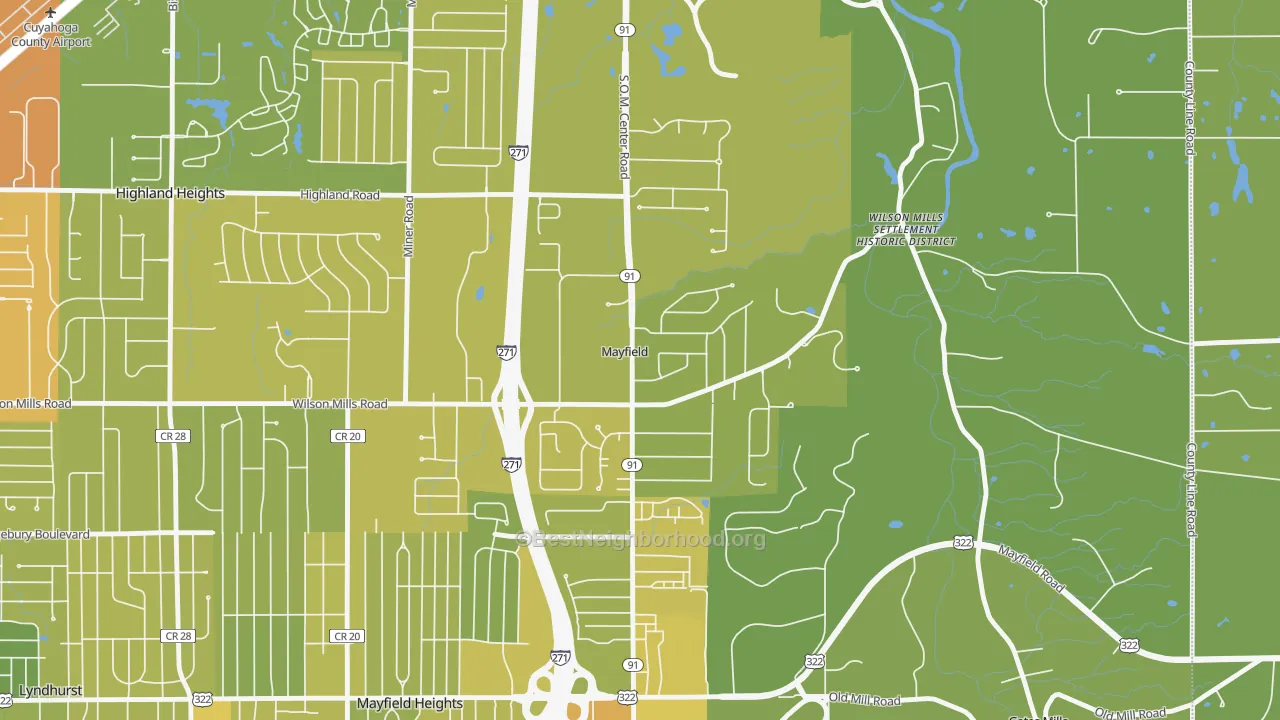 Map of the best neighborhoods in the Mayfield area, with better matches in green and worse matches in red