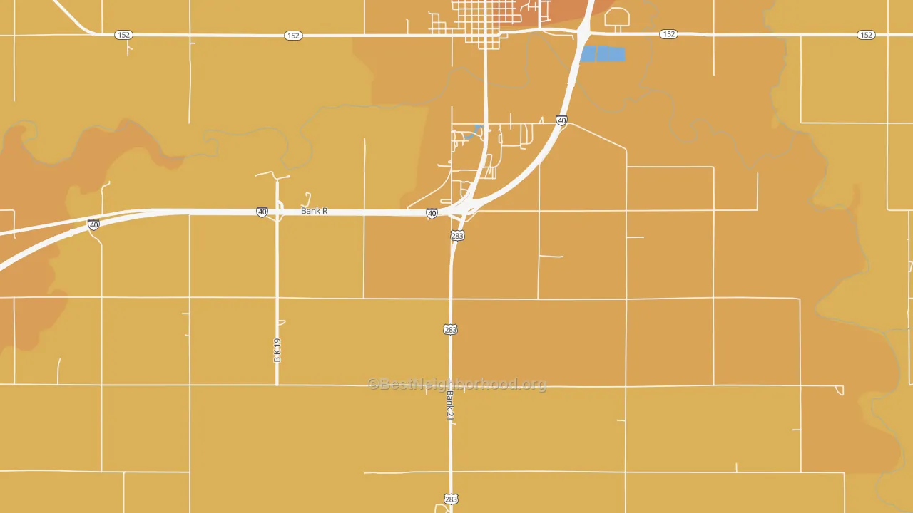Map of the best neighborhoods in the Mayfield area, with better matches in green and worse matches in red
