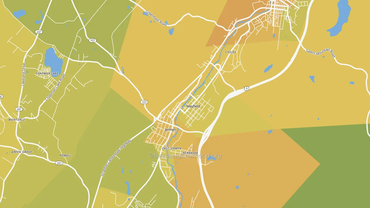 Map of the best neighborhoods in the Mayfield area, with better matches in green and worse matches in red