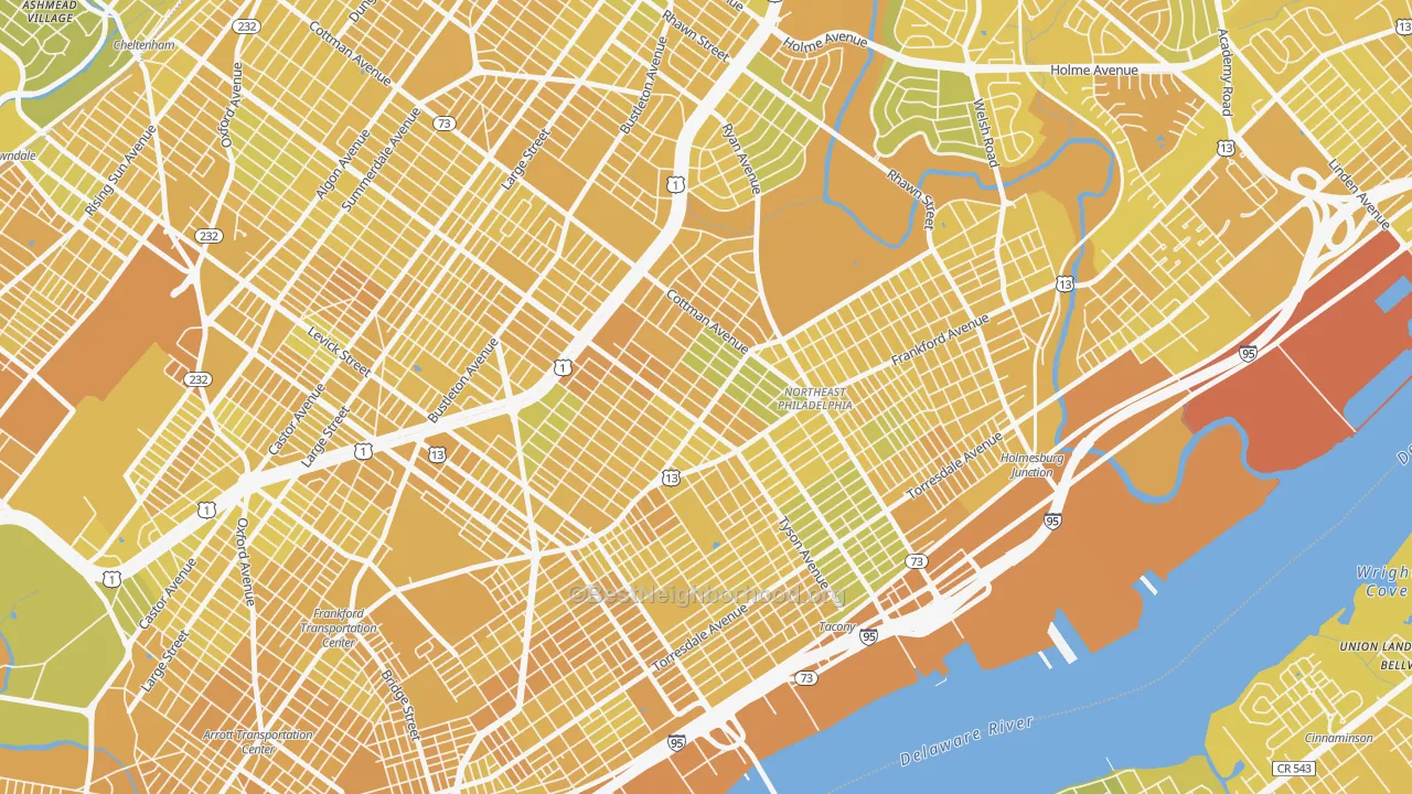 Map of the best neighborhoods in the Mayfield, Philadelphia area, with better matches in green and worse matches in red