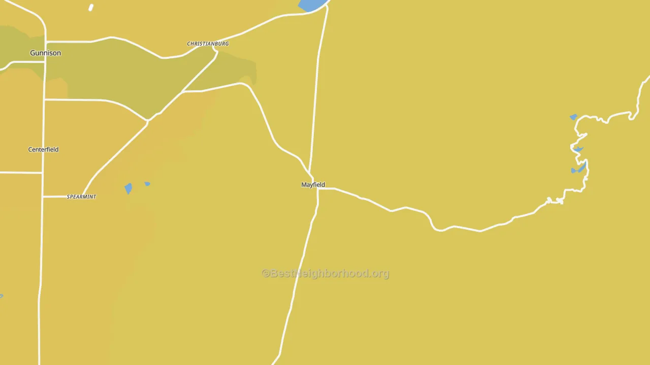 Map of the best neighborhoods in the Mayfield area, with better matches in green and worse matches in red