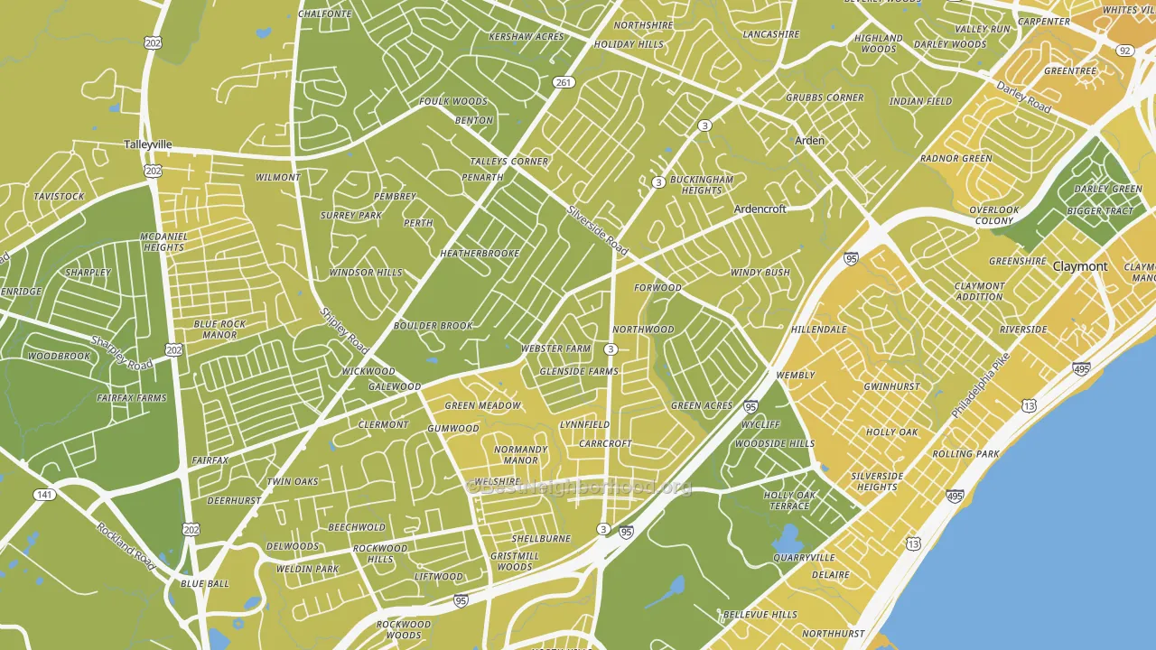 Map of the best neighborhoods in the Mayfield, Wilmington area, with better matches in green and worse matches in red
