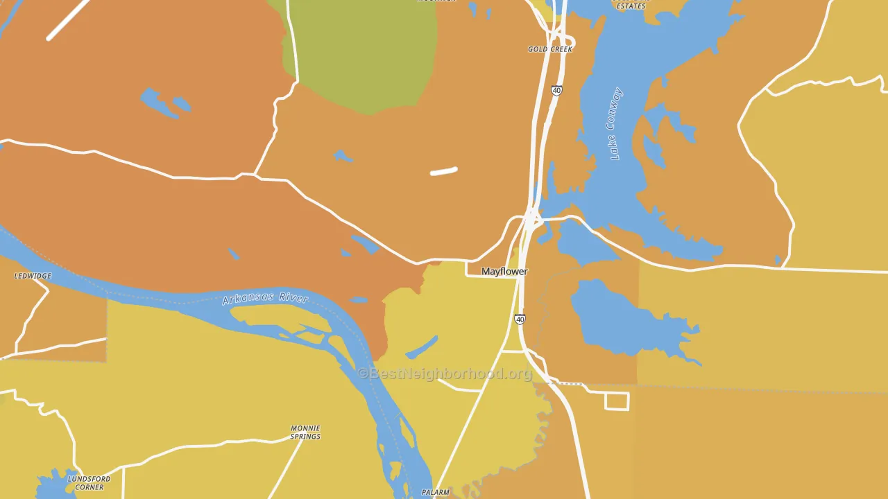 Map of the best neighborhoods in the Mayflower area, with better matches in green and worse matches in red