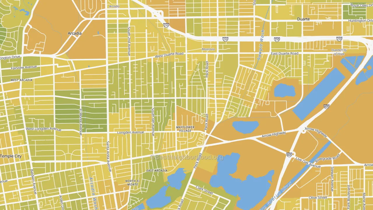 Map of the best neighborhoods in the Mayflower Village, Arcadia area, with better matches in green and worse matches in red
