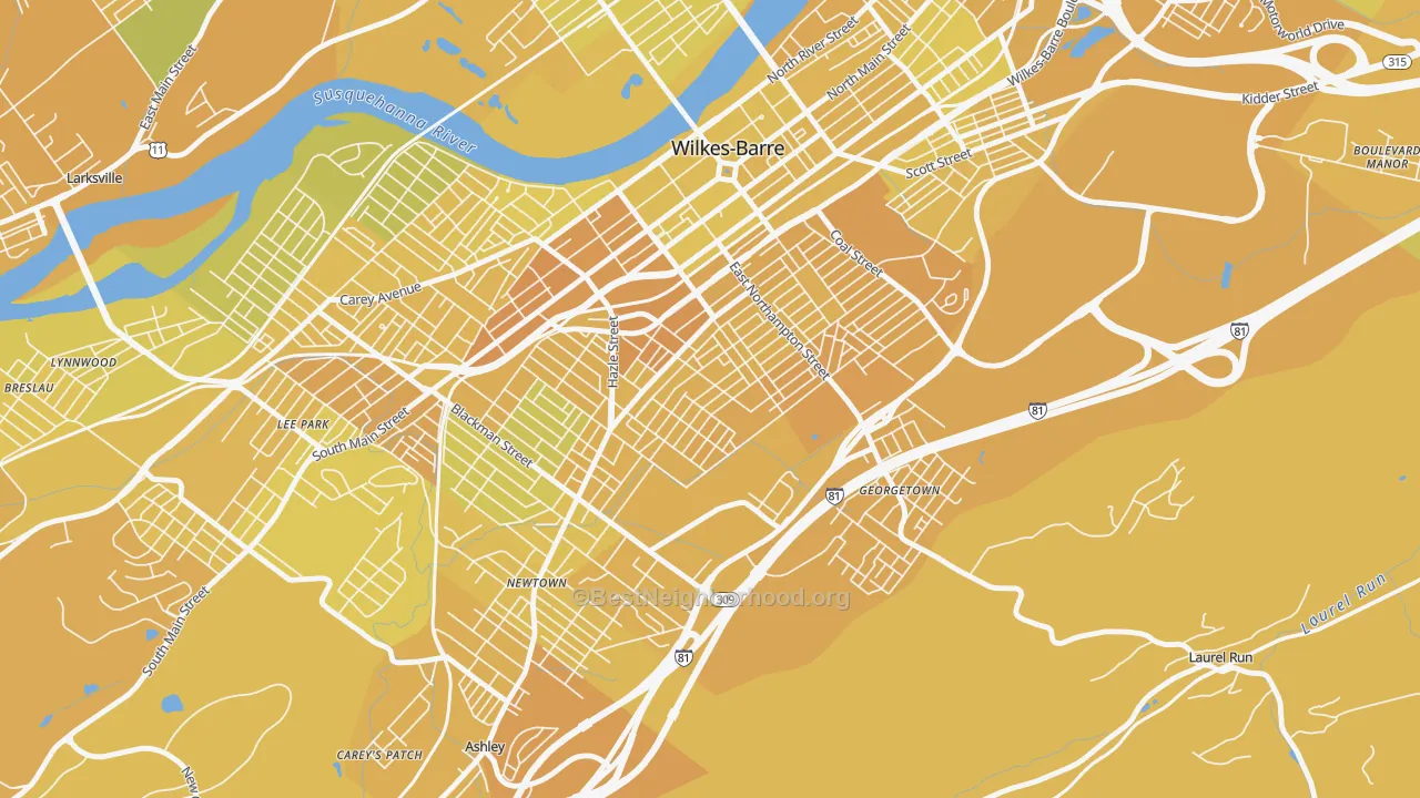 Map of the best neighborhoods in the Mayflower, Wilkes-Barre area, with better matches in green and worse matches in red