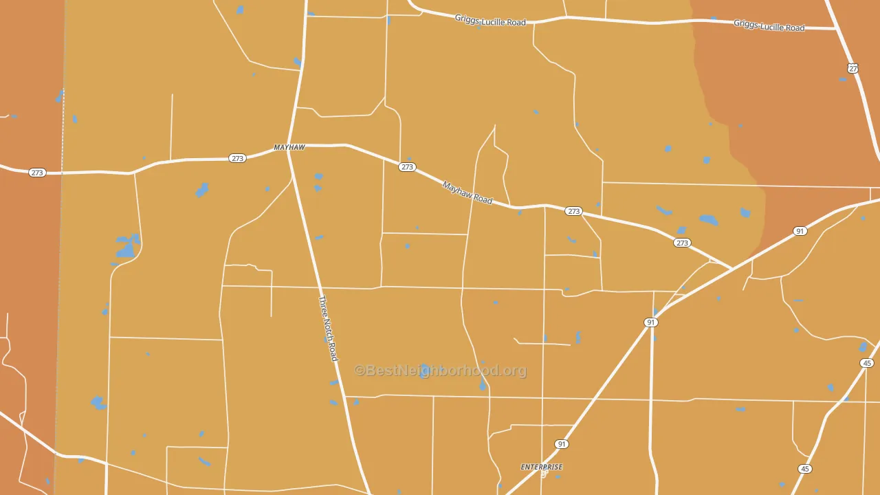 Map of the best neighborhoods in the Mayhaw area, with better matches in green and worse matches in red