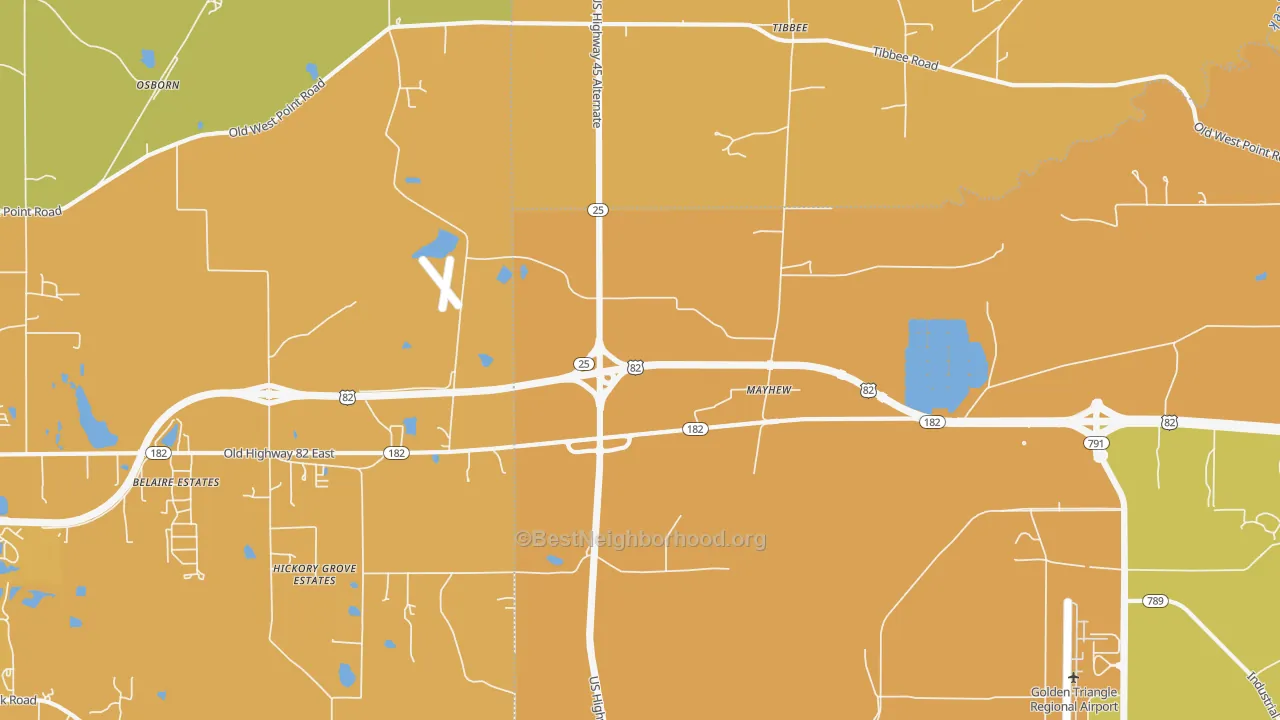 Map of the best neighborhoods in the Mayhew area, with better matches in green and worse matches in red
