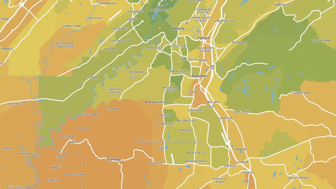 Map of the best neighborhoods in the Maylene area, with better matches in green and worse matches in red