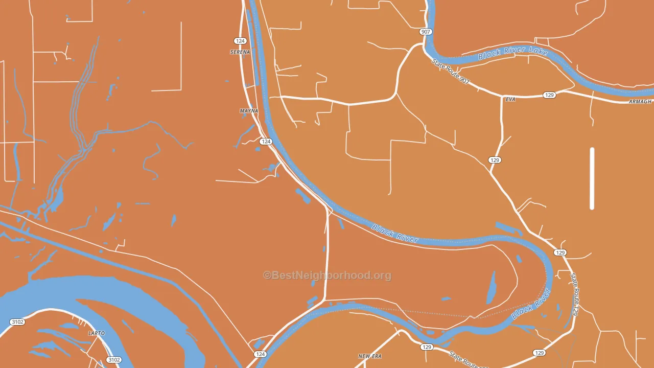 Map of the best neighborhoods in the Mayna area, with better matches in green and worse matches in red