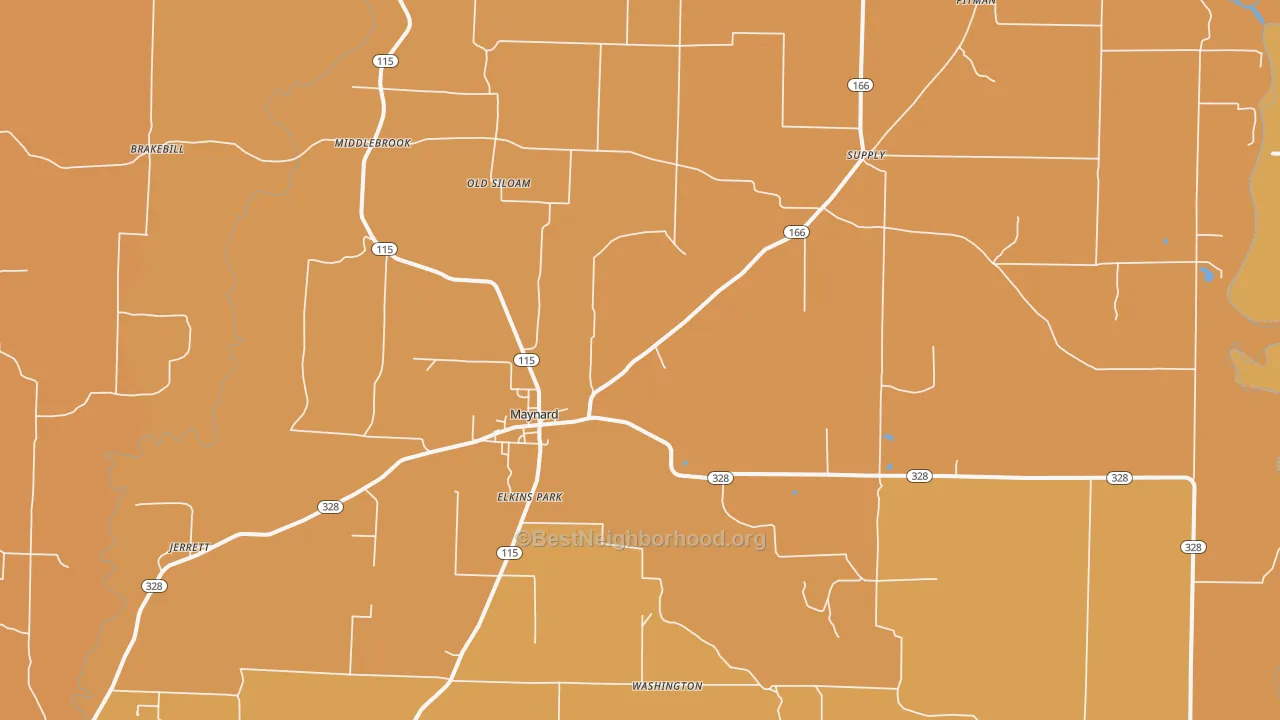 Map of the best neighborhoods in the Maynard area, with better matches in green and worse matches in red