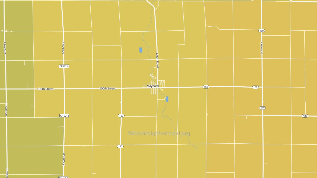 Map of the best neighborhoods in the Maynard area, with better matches in green and worse matches in red