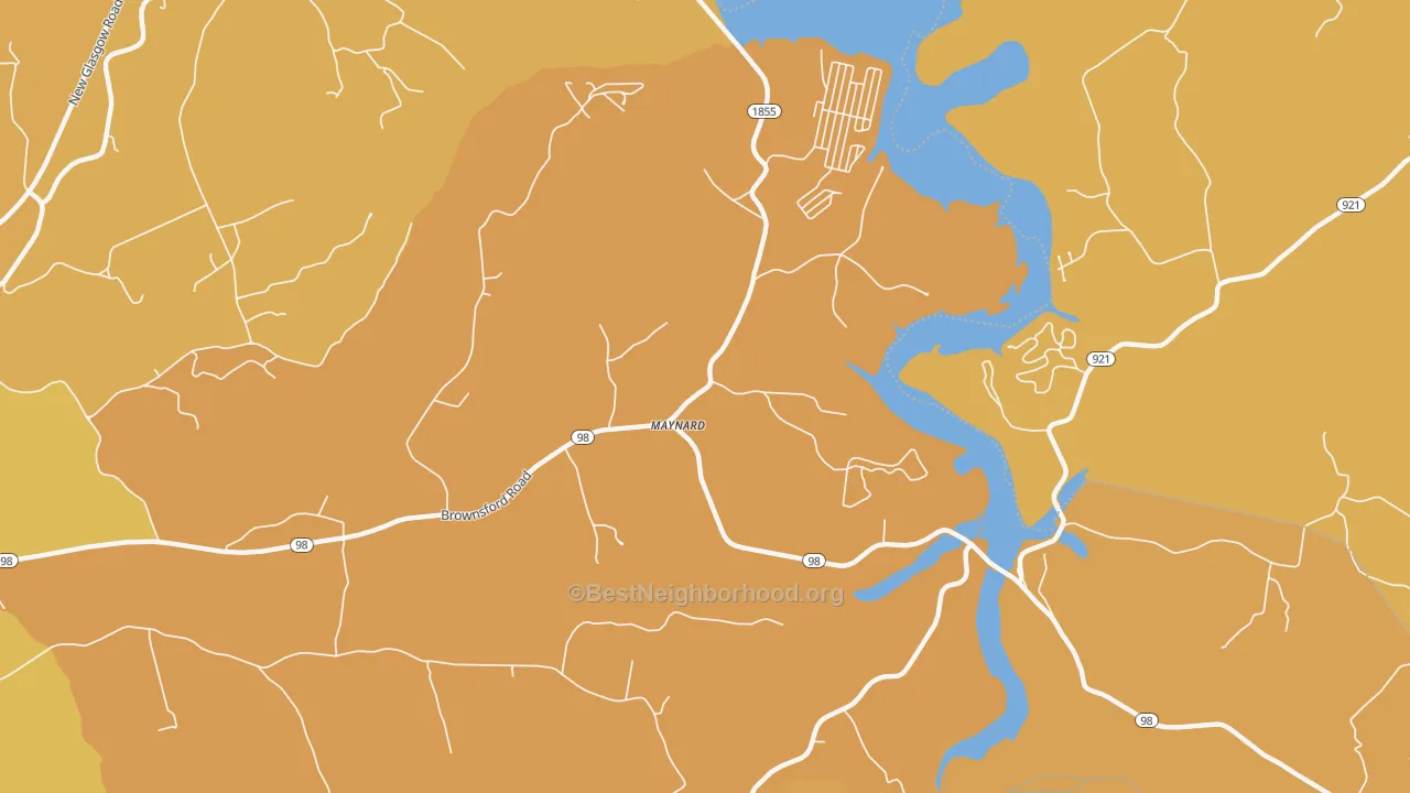 Map of the best neighborhoods in the Maynard area, with better matches in green and worse matches in red