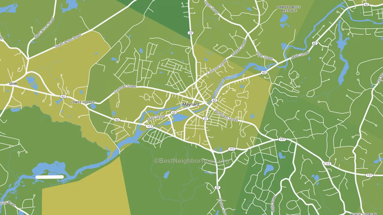 Map of the best neighborhoods in the Maynard area, with better matches in green and worse matches in red