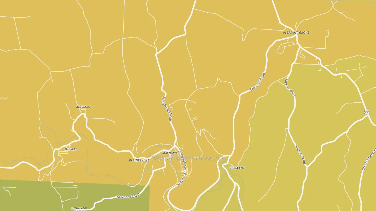 Map of the best neighborhoods in the Maynard area, with better matches in green and worse matches in red