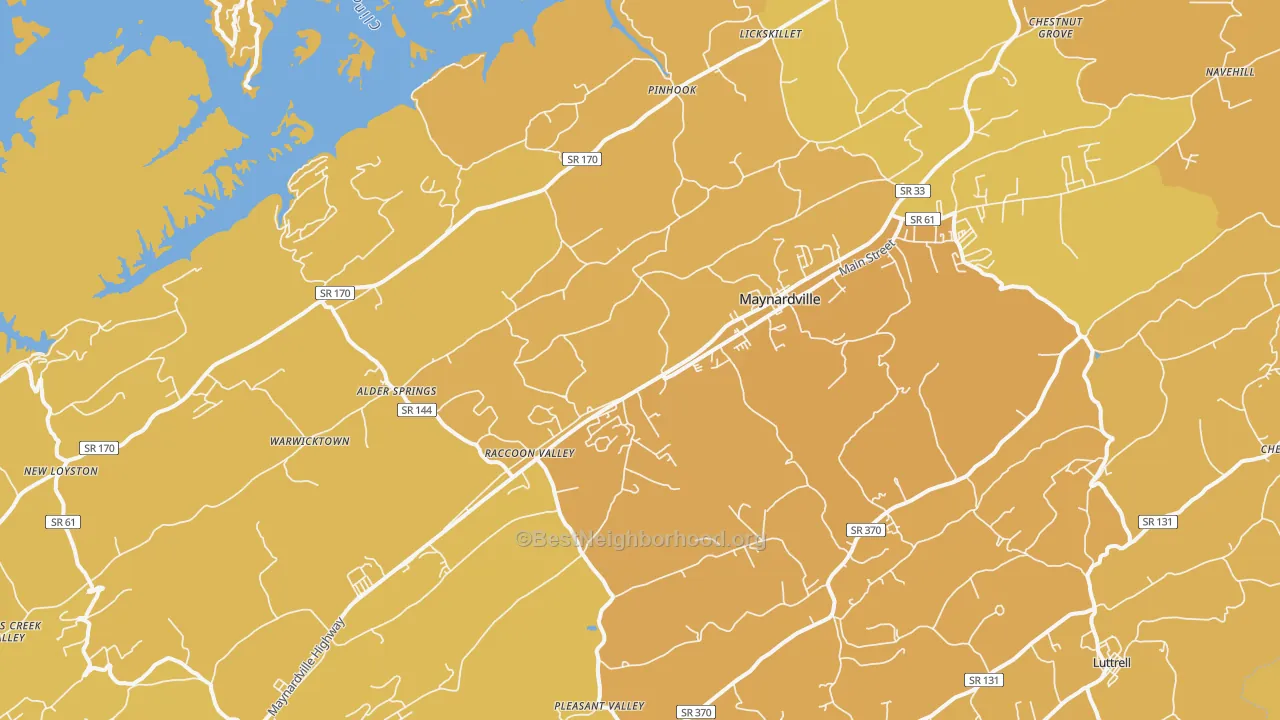 Map of the best neighborhoods in the Maynardville area, with better matches in green and worse matches in red