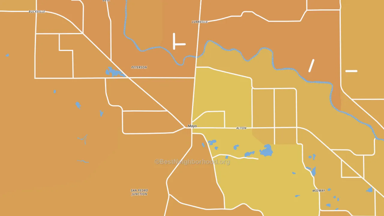 Map of the best neighborhoods in the Mayo area, with better matches in green and worse matches in red